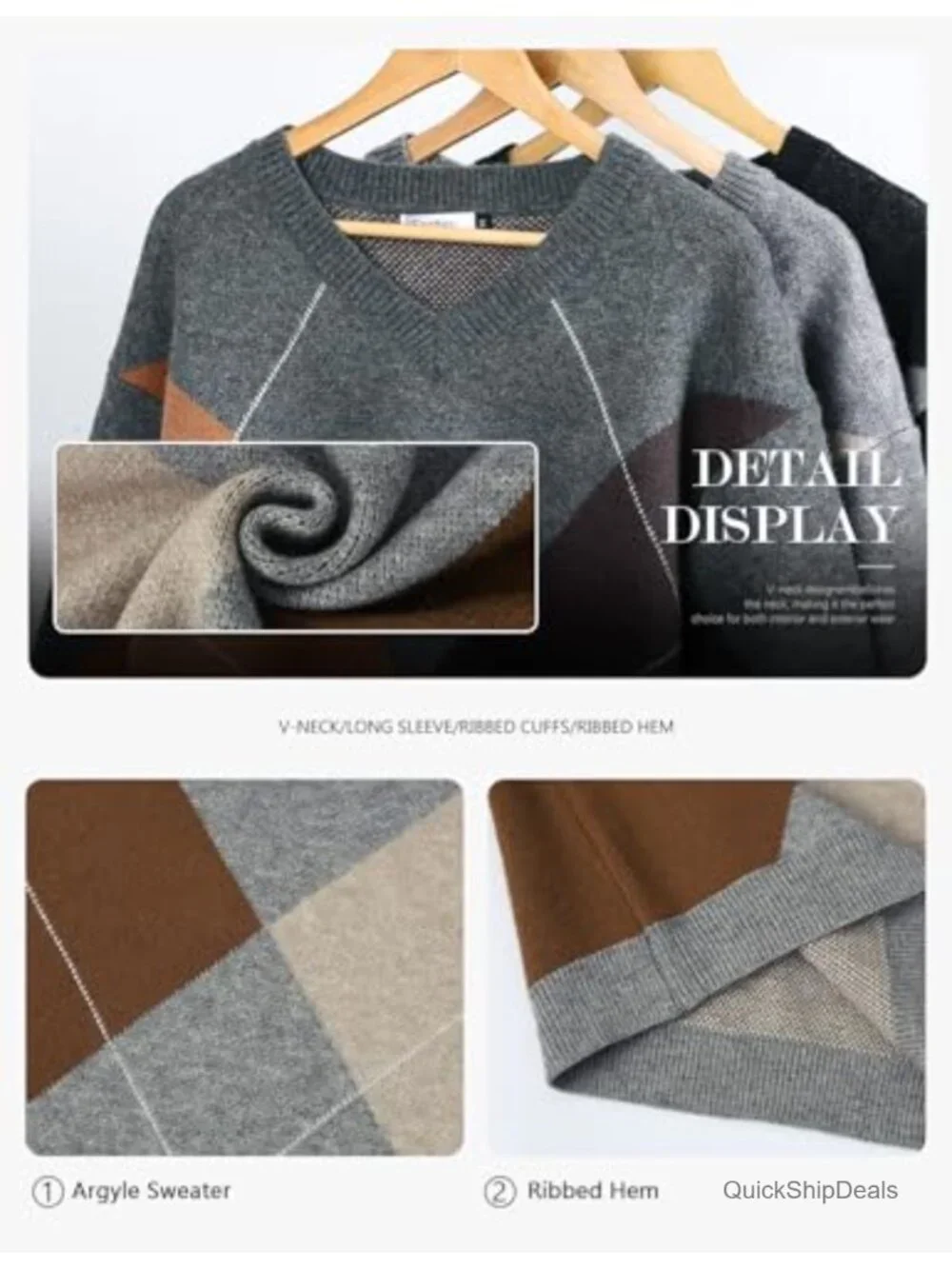 Argyle Sweater V-Neck Drop Shoulder Chunky Knit Pullover